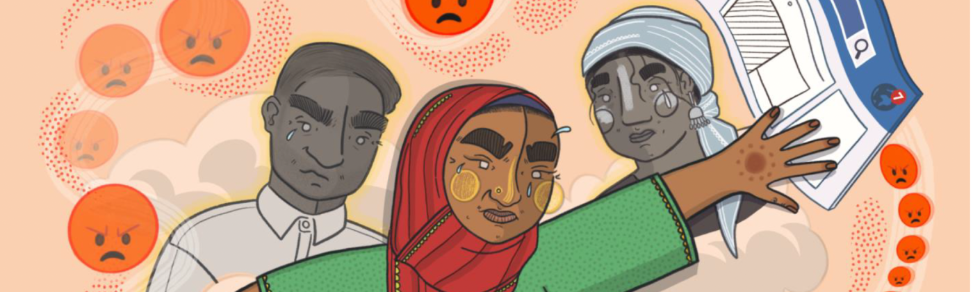 Illustrated image of a Rohingya woman at the forefront with two people behind her and illustrated floating angry orange faces and Facebook imagery.