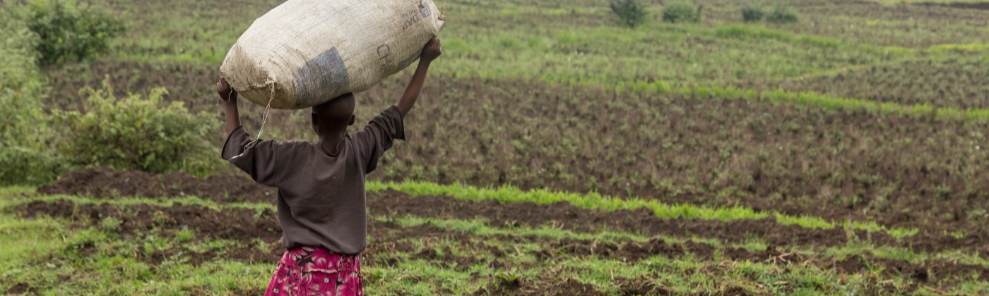 Girl  wearing skirt in field carrying large bag on head