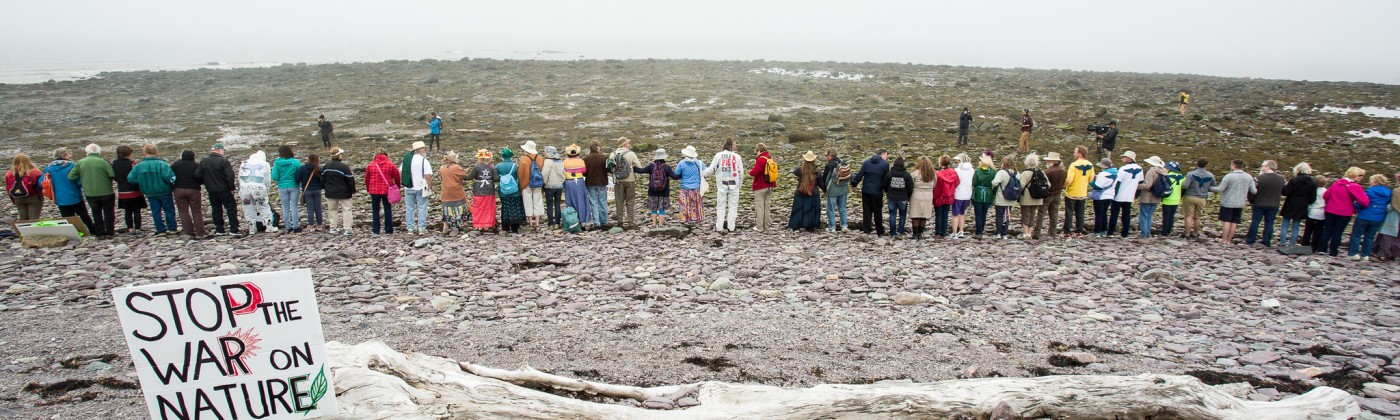 Pipeline protest with a sign stating "Stop the war on nature"